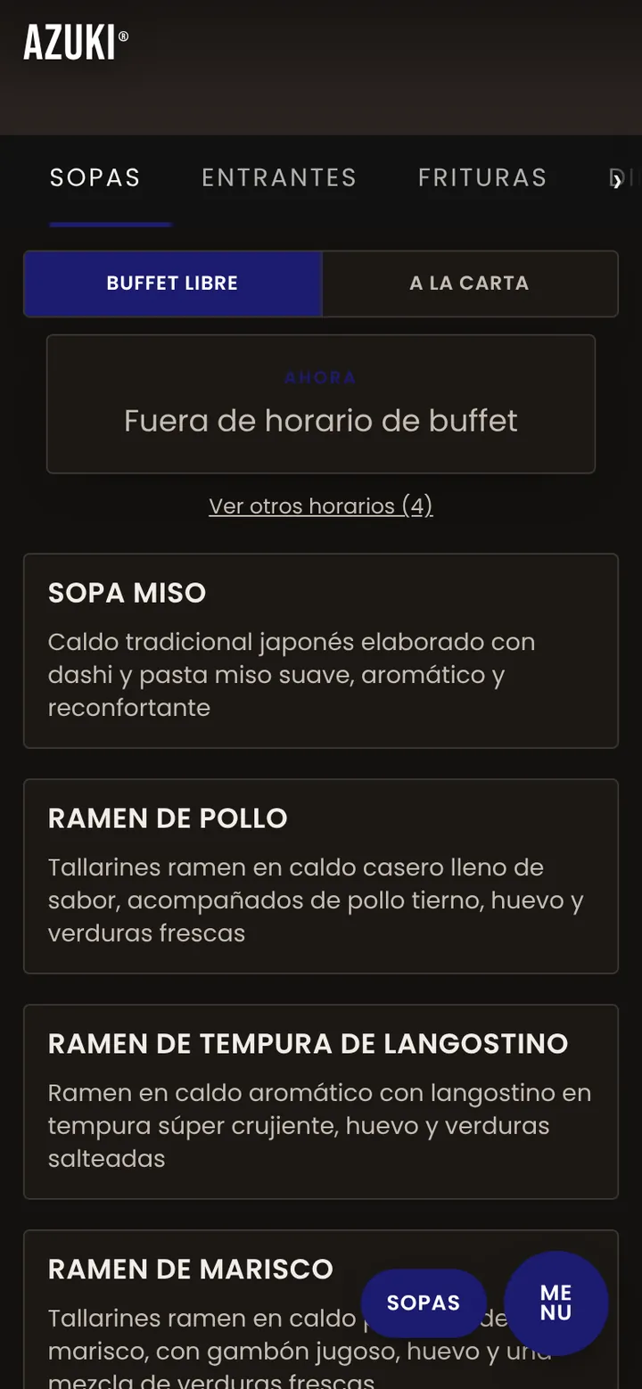 Carta digital real de AZUKI en MENÚ OPIO, en modo oscuro