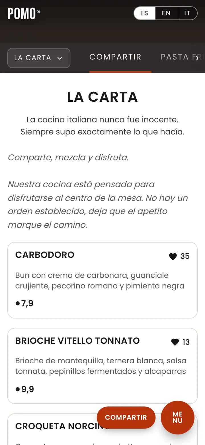 Carta digital real de POMO en MENÚ OPIO, con selector de idioma ES, EN, IT