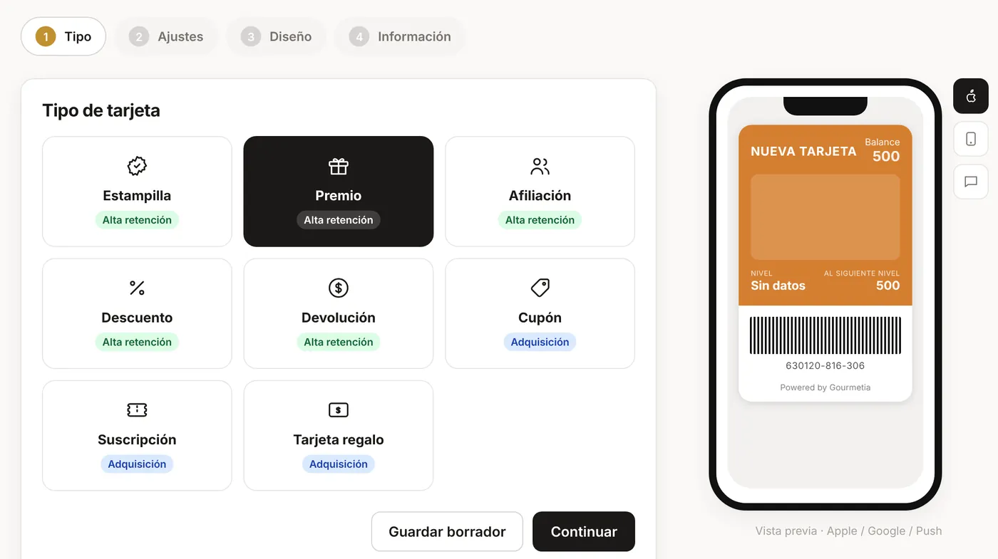 Editor de tarjetas de GOURMETIA con los 8 tipos de tarjeta y vista previa en Apple Wallet